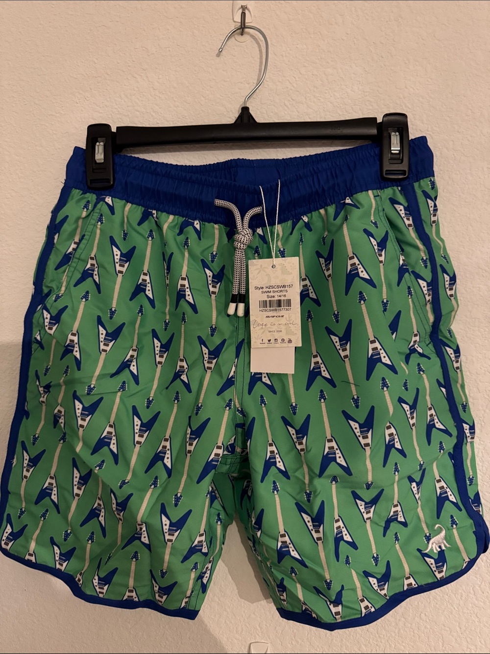Boy's 14/16 Green & Blue Guitar Print Swim Trunks